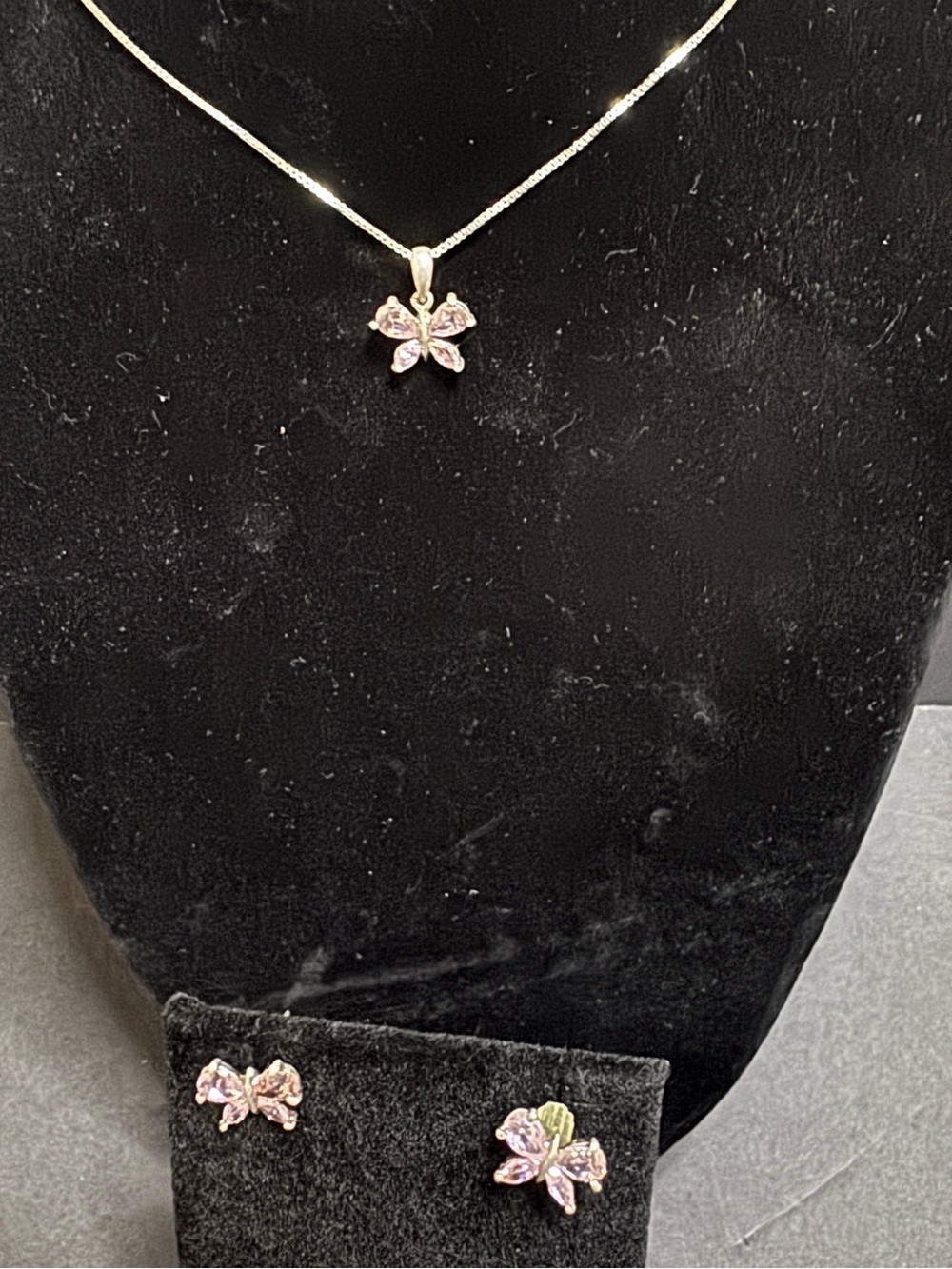 Sterling Silver Pink Butterfly Pendant Necklace and Stud Earrings Set